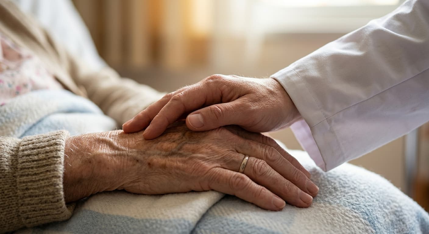 Manos de un profesional de salud acompañando a una persona mayor