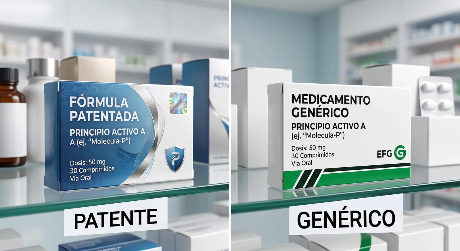 Farmacéutico comparando una caja de medicamento genérico con una de patente en el mostrador de la farmacia