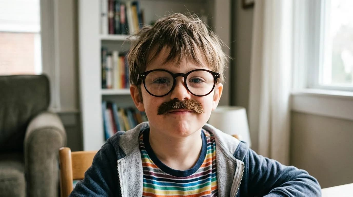 Niño con bigote representando la pubertad precoz