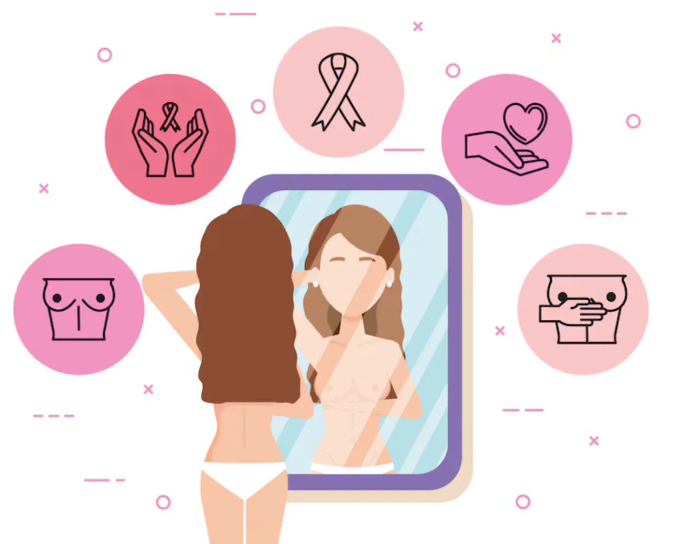 Mujer realizando autoexploración de mama frente al espejo con calma